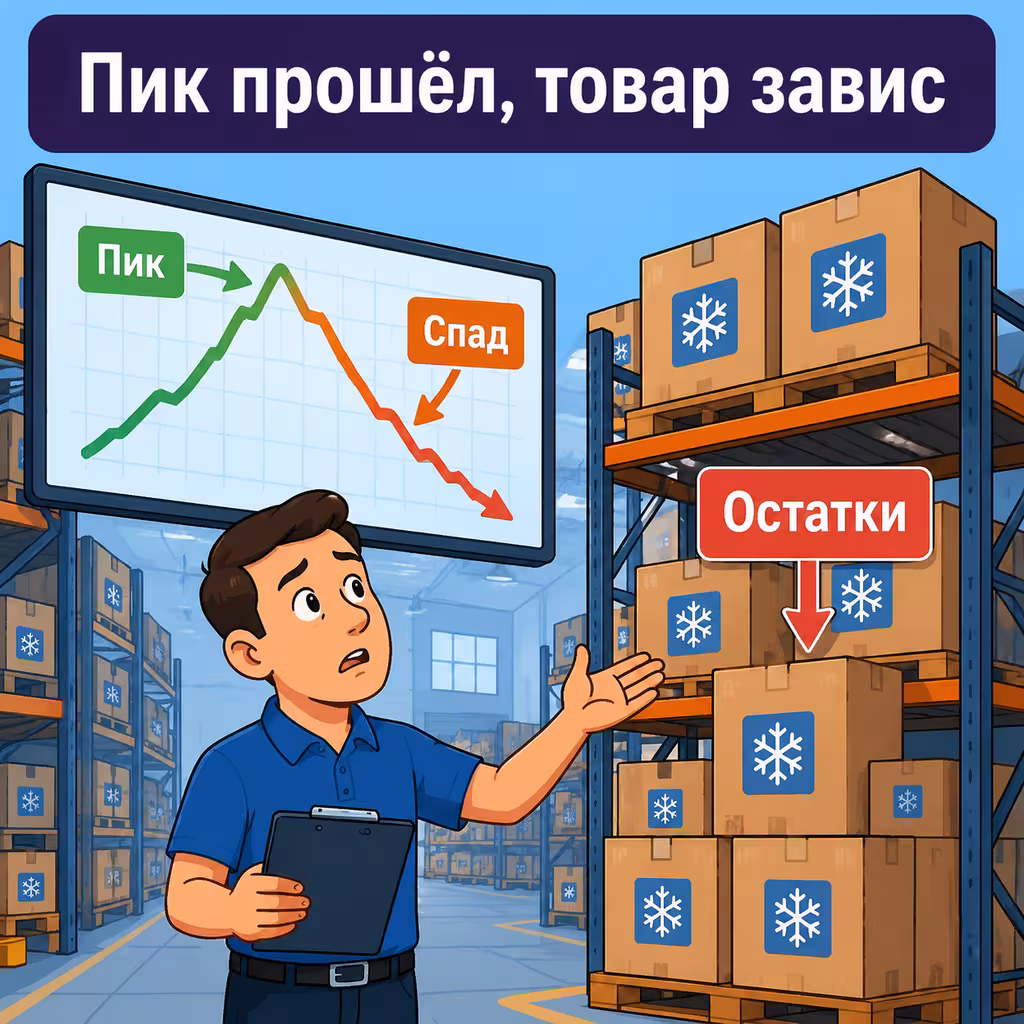 График продаж с резким падением: сезонный товар вышел из спроса, остатки заморожены. Падение продаж сезонного товара на графике