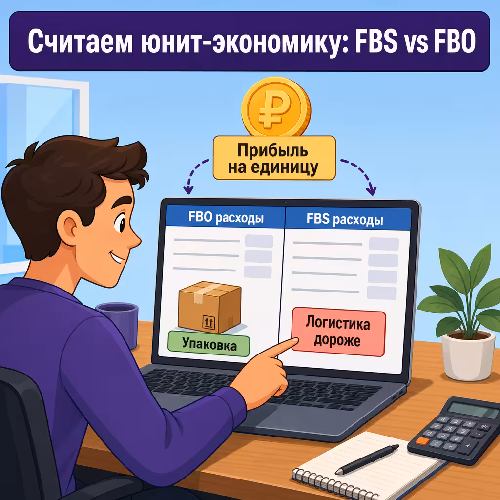 Расчёт юнит-экономики при переходе на FBS Селлер сравнивает два столбца расходов FBS и FBO на экране, в руке калькулятор.