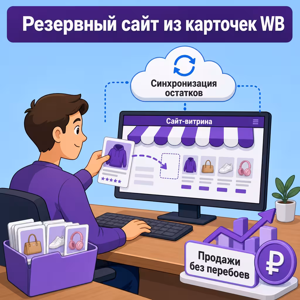 Свой сайт из карточек WB как резервный канал Селлер создаёт витрину: карточки WB переносятся на экран собственного интернет-магазина.