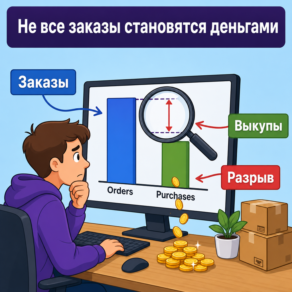 Продавец сравнивает столбцы заказов и выкупов на экране монитора