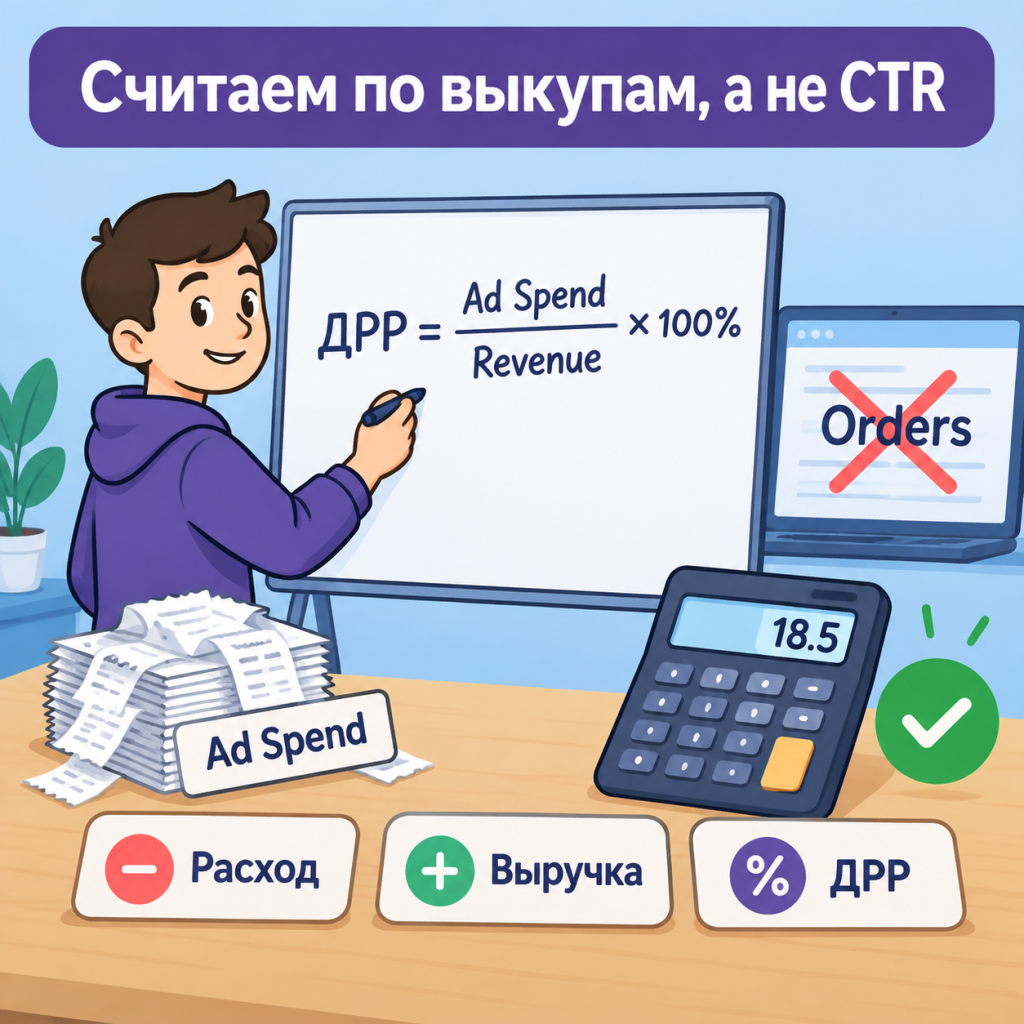 Селлер выписывает формулу ДРР на доске с калькулятором и стопкой чеков