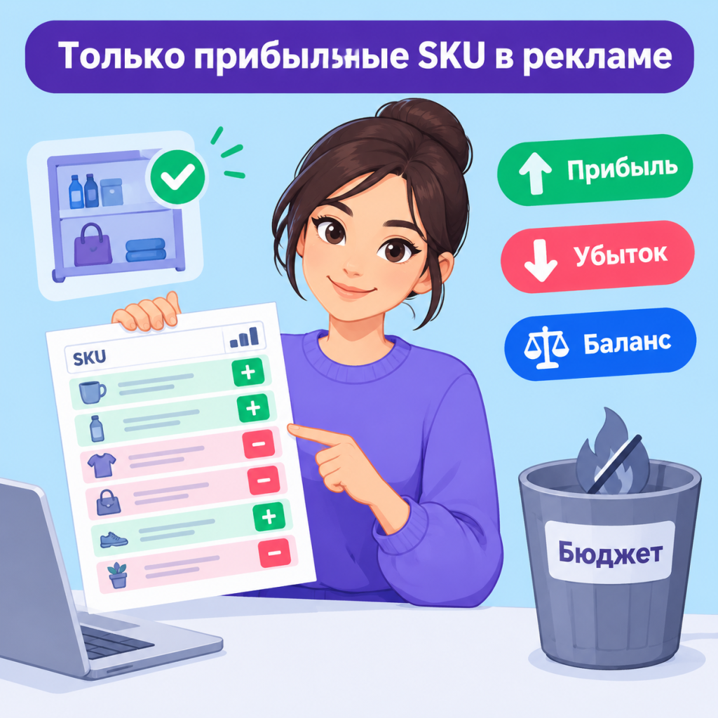 Продавец держит распечатку с прибылью и убытком по каждому SKU, а корзина для бюджета пуста