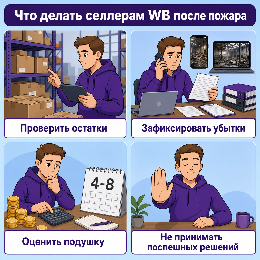 Инфографика: что делать селлерам WB после пожара — четыре экстренных шага