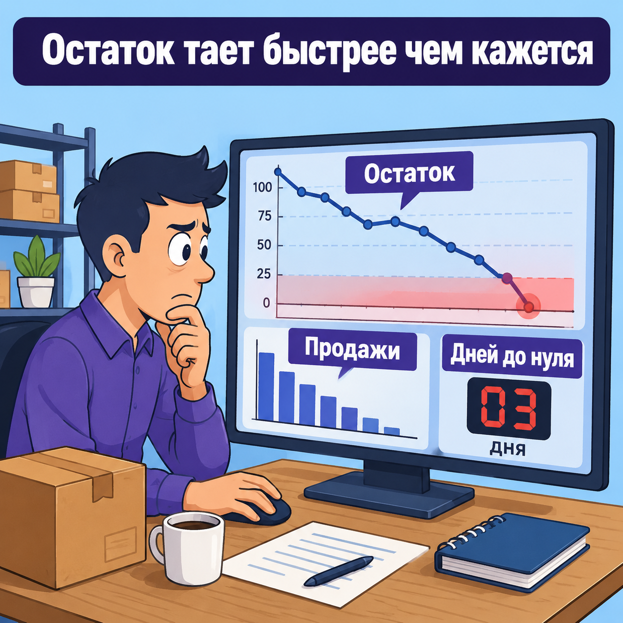 График остатков товара на складе Вайлдберриз с приближением к дефициту