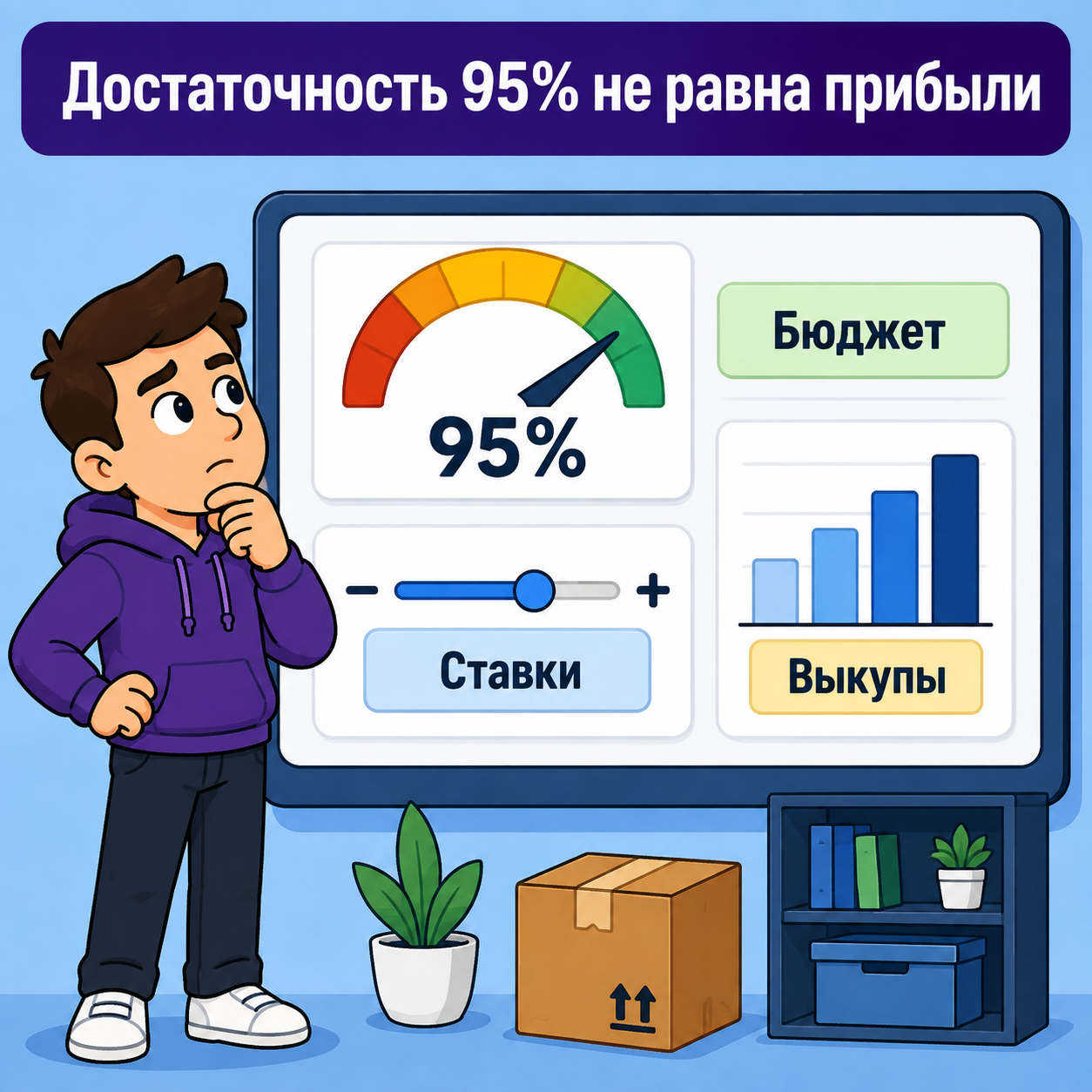 Селлер смотрит на приборную панель с показателем достаточности бюджета 95%
