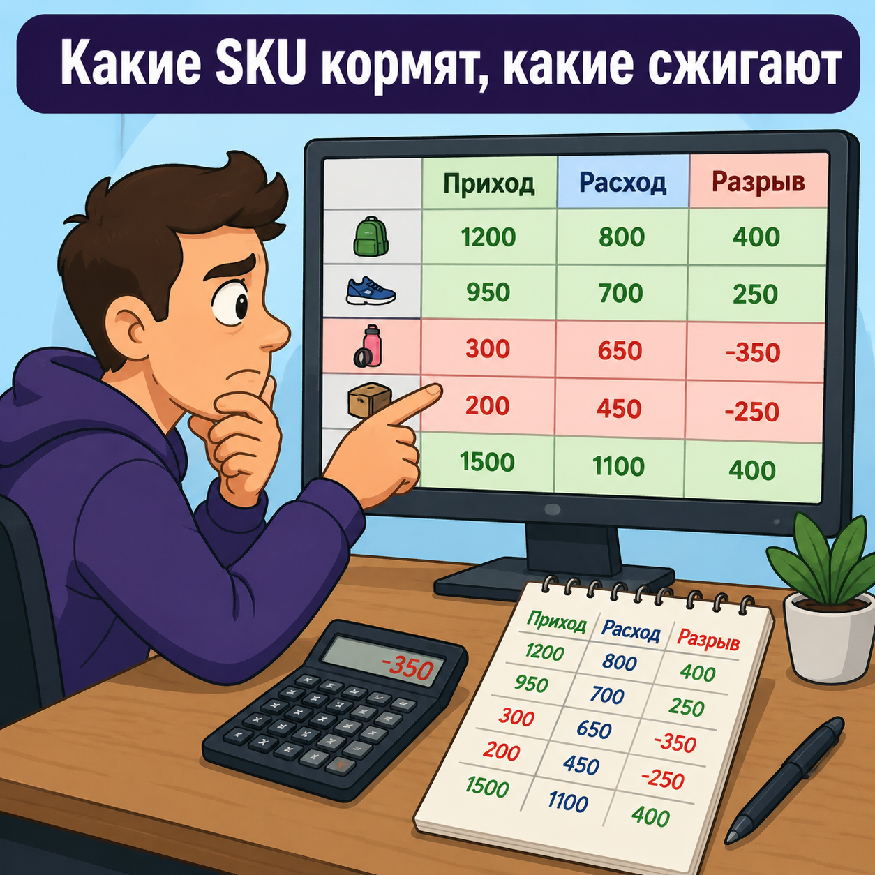 Продавец анализирует таблицу P&L с приходами, расходами и разрывом по SKU