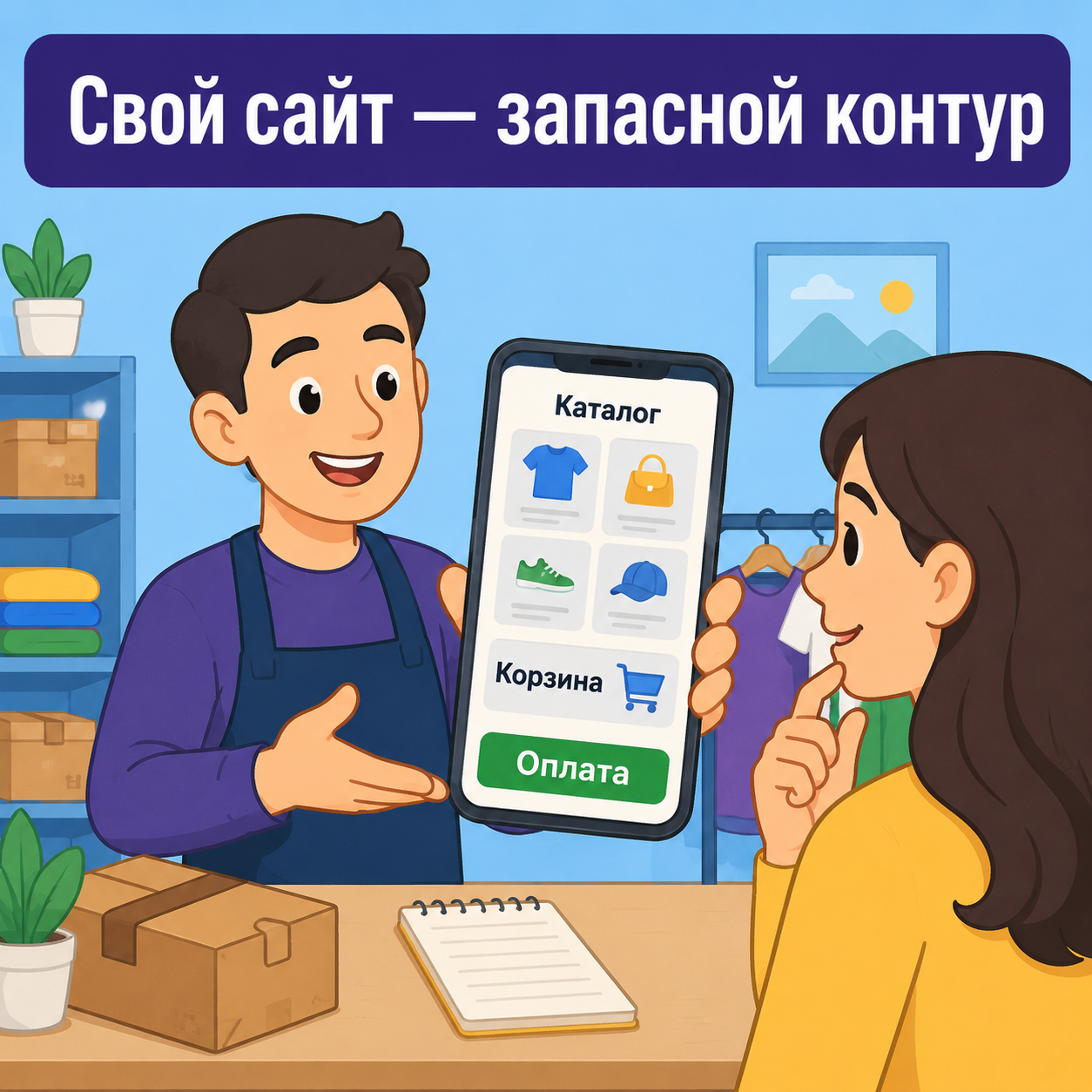 Селлер показывает покупателю сайт-витрину с каталогом, корзиной и оплатой