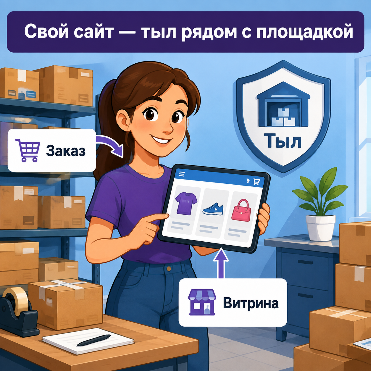 Селлер держит планшет с витриной своего сайта, рядом коробки с товарами