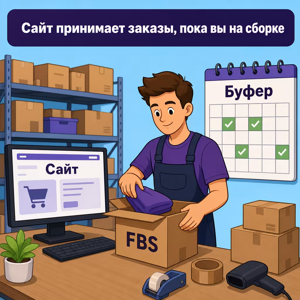 Сайт-витрина на экране монитора, рядом упакованные заказы. Сайт-витрина селлера и заказы FBS