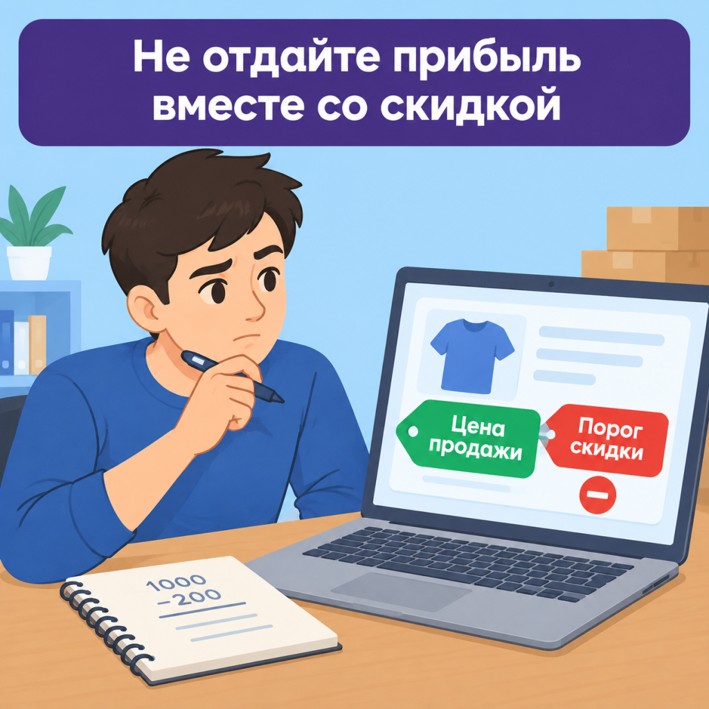 Селлер за ноутбуком рассчитывает порог скидки для товара на Wildberries