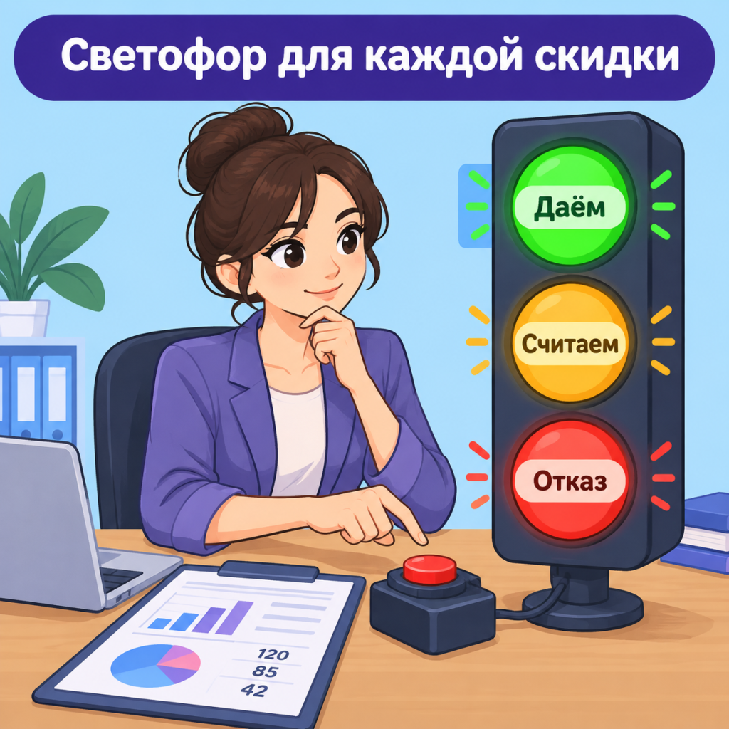 Матрица решений по скидкам в виде светофора: зелёный, жёлтый, красный