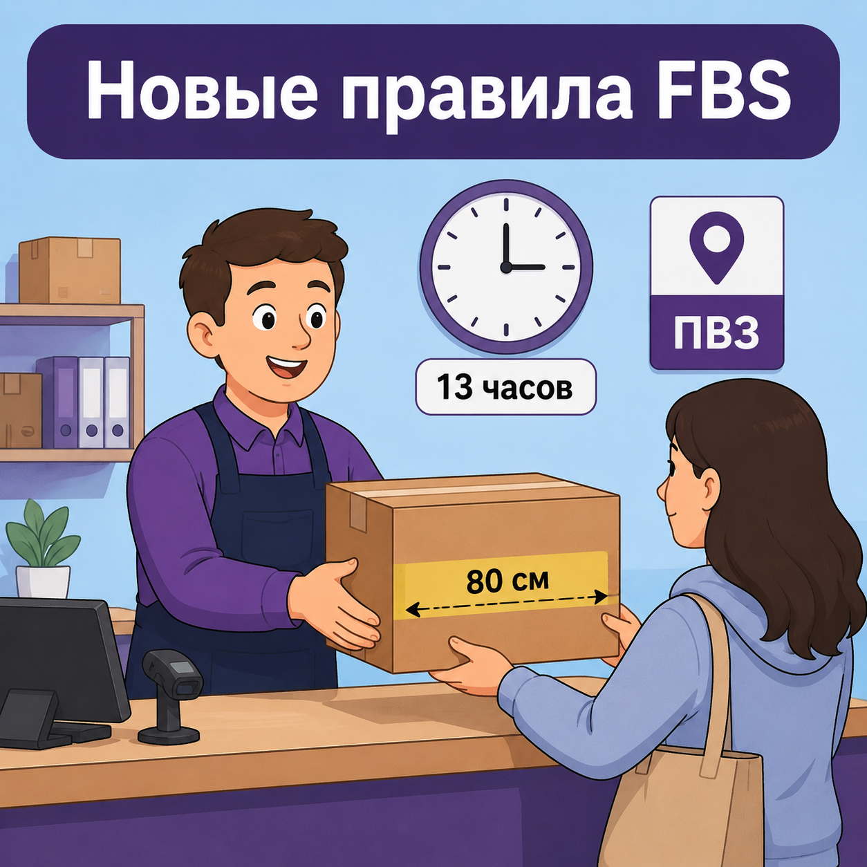 Селлер у пункта выдачи с коробкой до 80 см и часами, показывающими 13 часов
