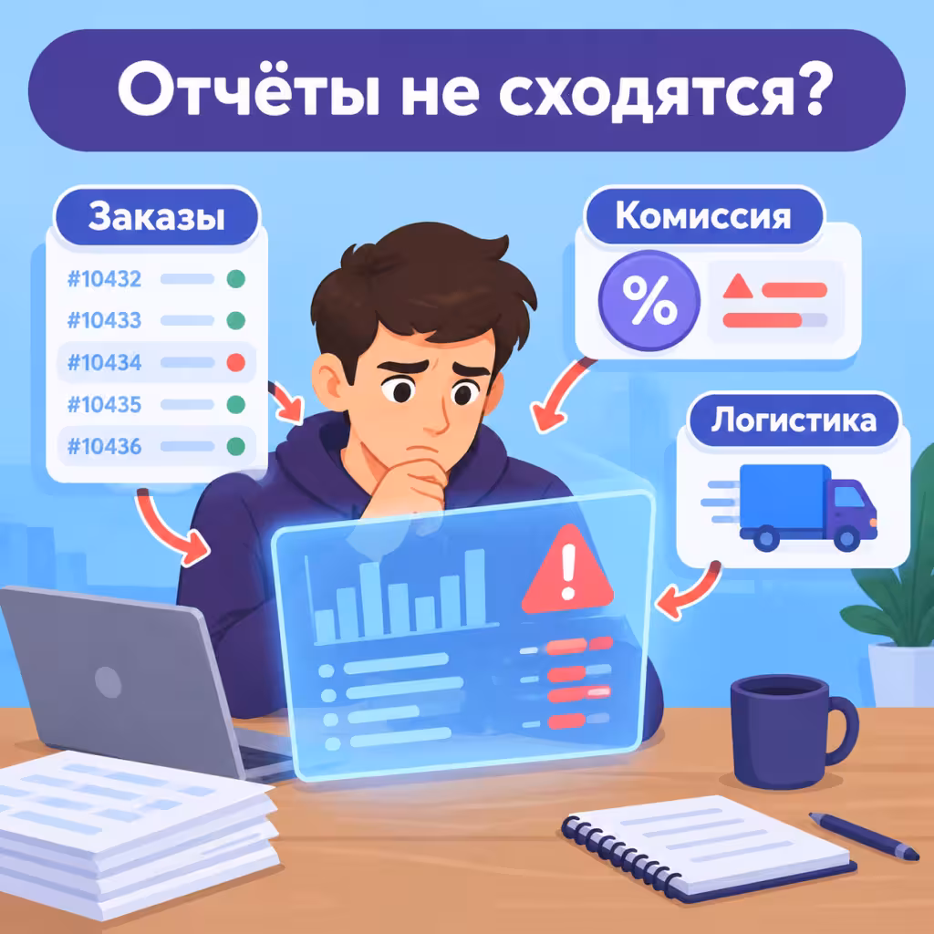 Продавец смотрит на запутанный финансовый отчёт с красными вопросительными знаками.