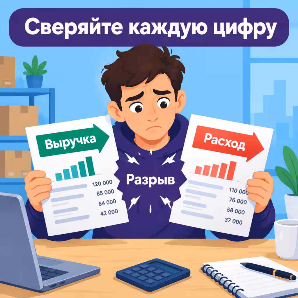 Продавец держит две распечатанные таблицы и сопоставляет цифры.