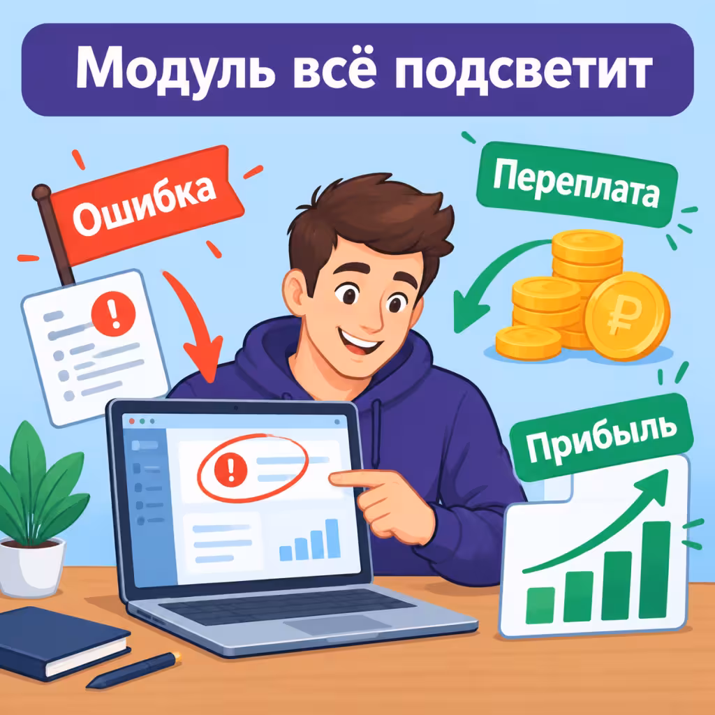 Ноутбук с дашбордом аналитики, на экране выделены красные флажки и возврат переплат.