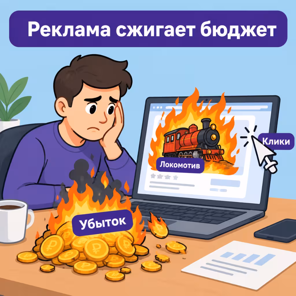 Убыточные клики на локомотиве Карточка-локомотив с горящими рекламными расходами.