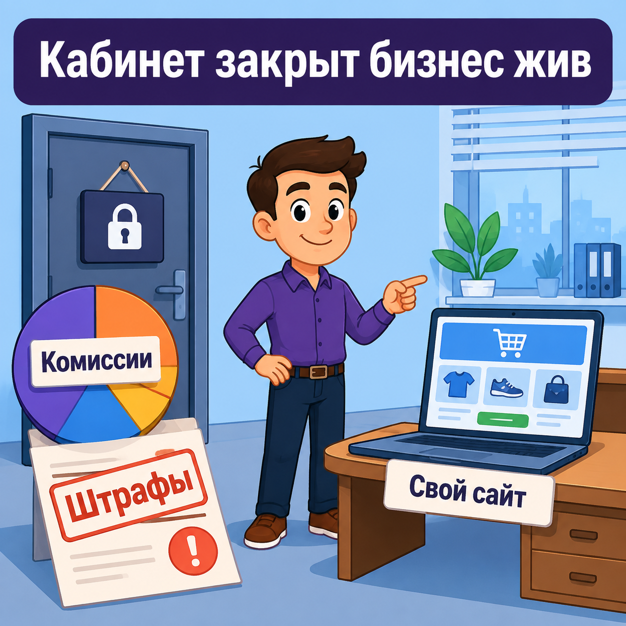 Селлер смотрит на закрытый кабинет маркетплейса и на свой работающий интернет-магазин