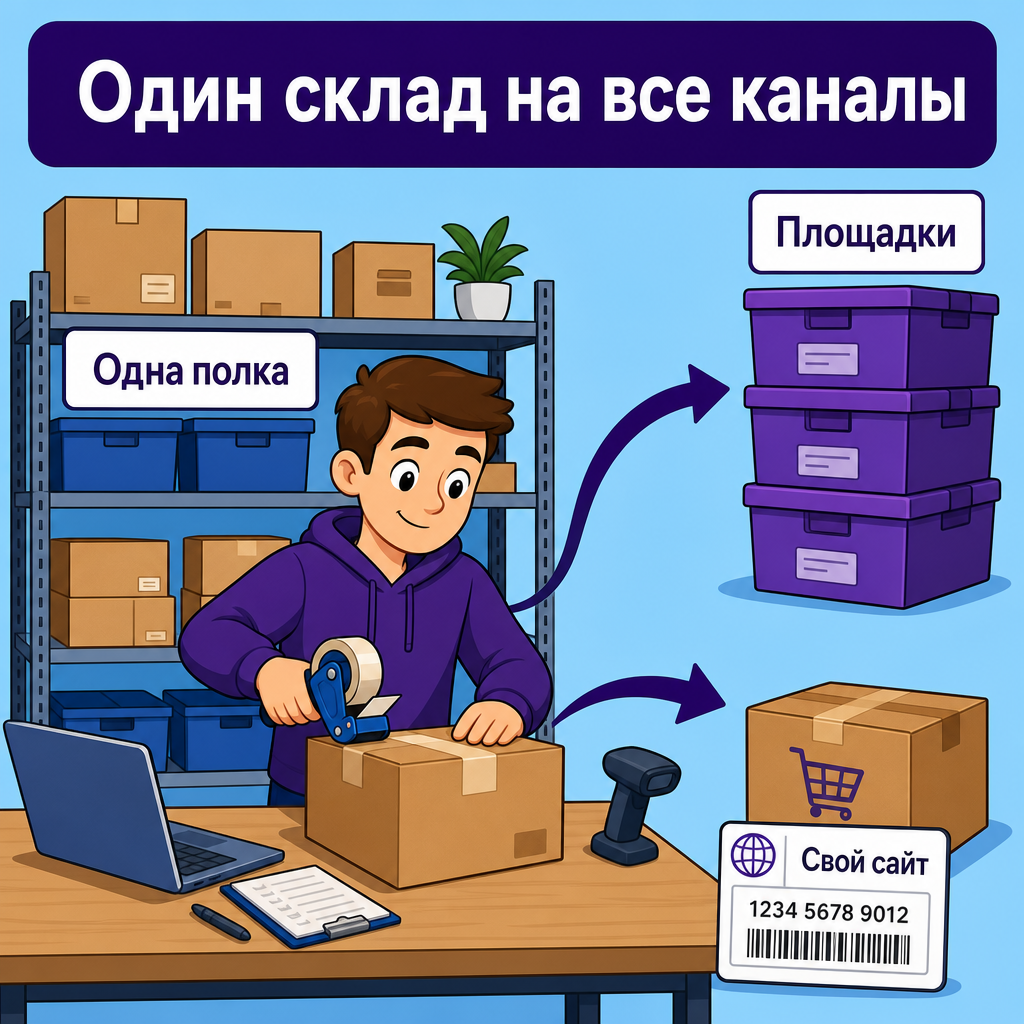 С одного стеллажа уходят заказы на маркетплейсы и в собственный магазин