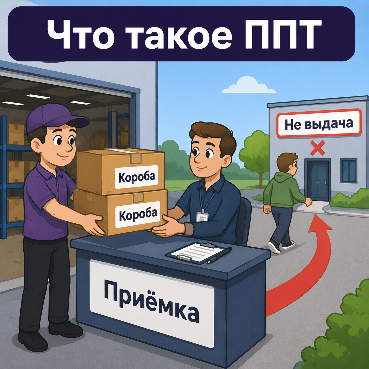 Селлер сдаёт короба на приёмке пункта, покупатель идёт в другую сторону к выдаче