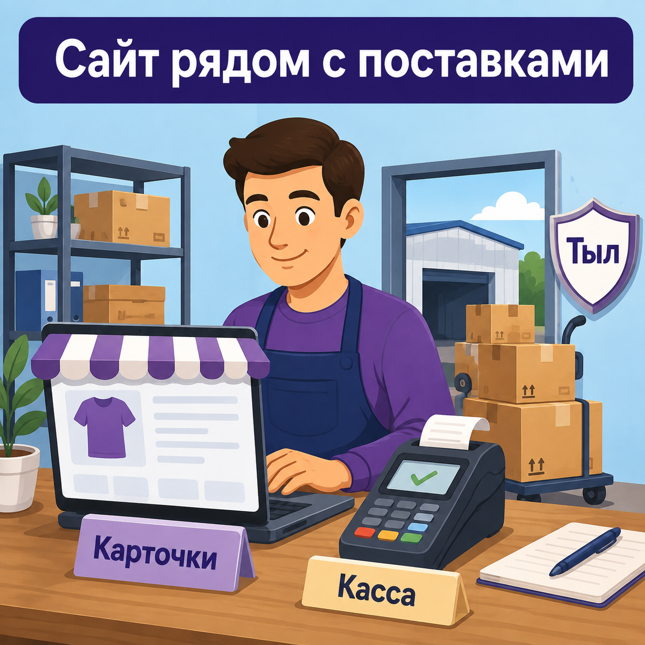 Селлер держит витрину сайта рядом с коробами, которые уезжают на склад площадки