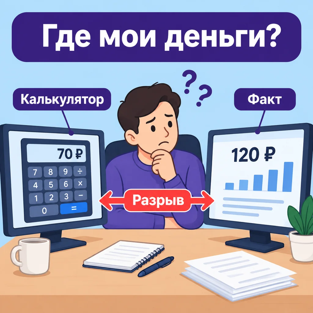 Селлер сравнивает цифры на калькуляторе и в отчёте, видит разницу в 50 рублей.