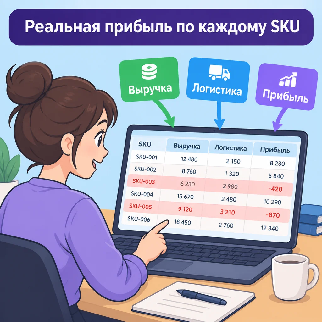 Интерфейс Маркет.Пульс показывает таблицу с выручкой, логистикой и прибылью по каждому SKU.