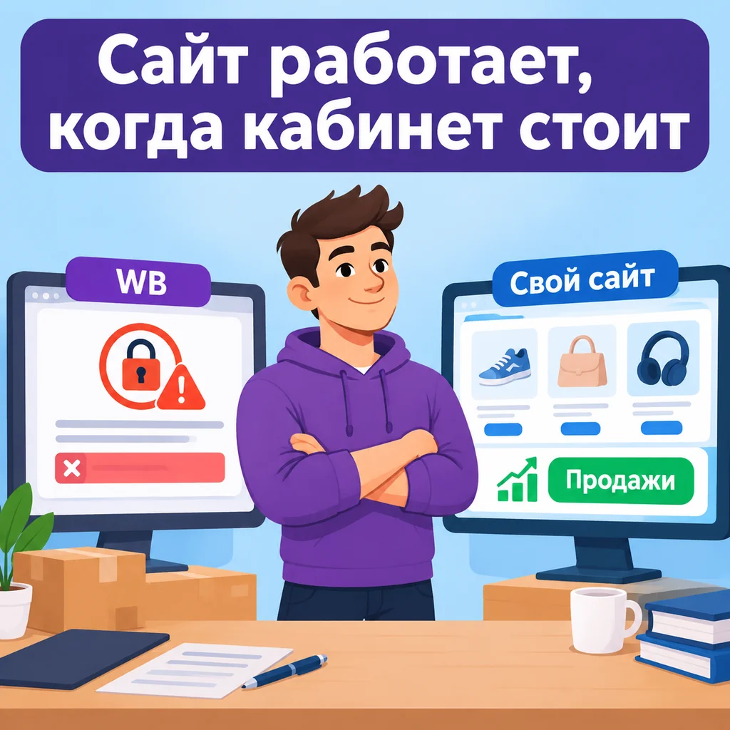 Селлер стоит между монитором с заблокированным кабинетом WB и витриной работающего сайта.