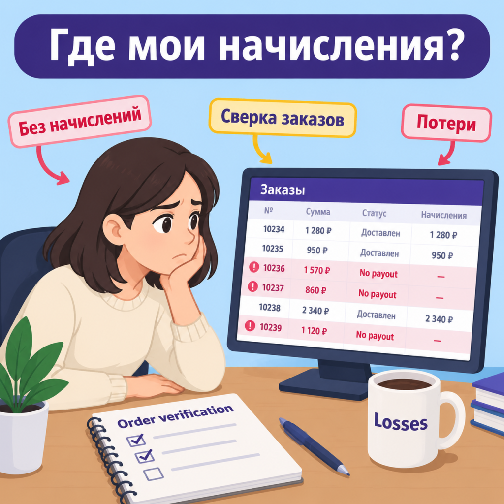 Пропавшие начисления в кабинете Wildberries Селлер проверяет отчёт о реализации и находит строки без выплат