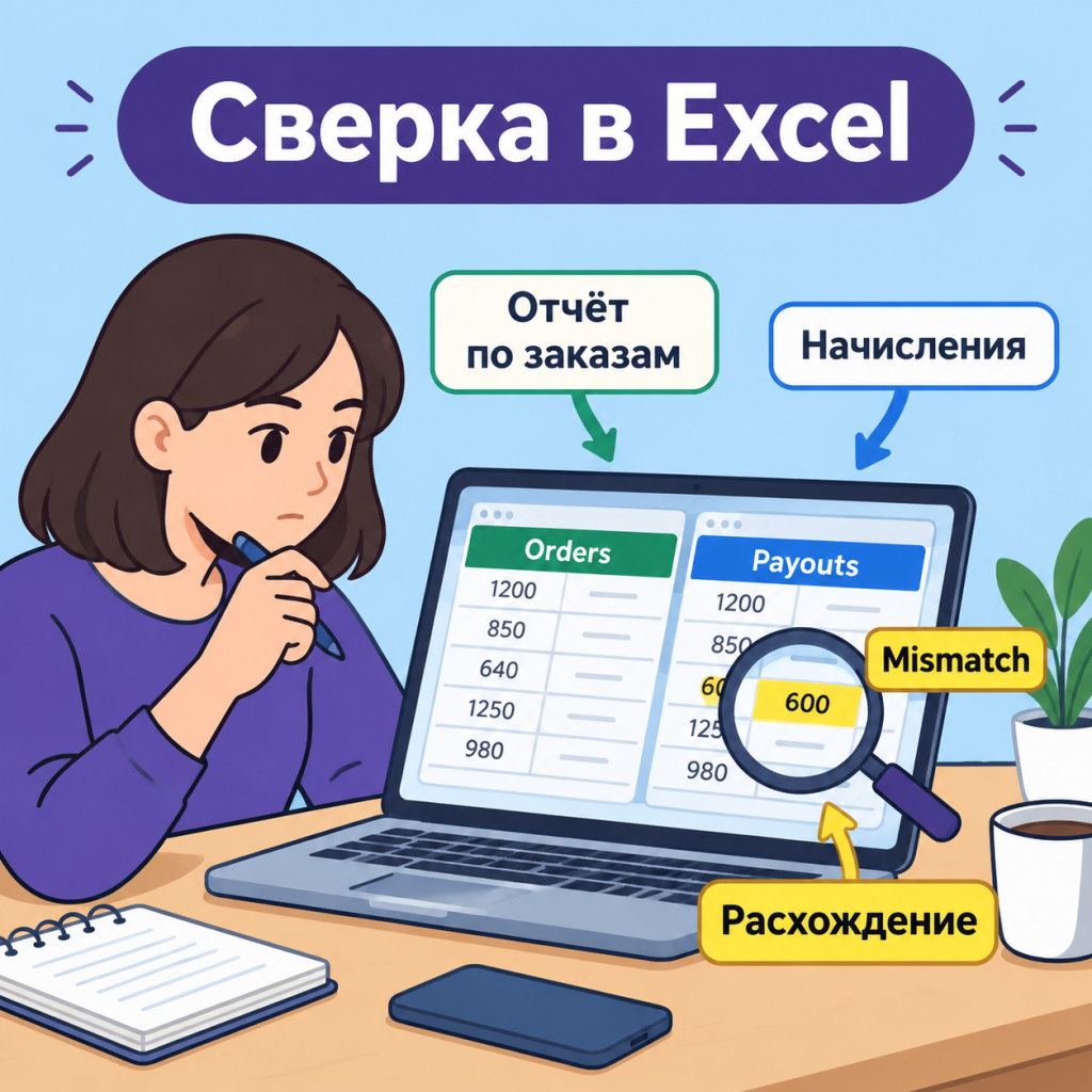 Сверка начислений в Excel Два экрана Excel с отчётами по заказам и начислениям, лупа над расхождением
