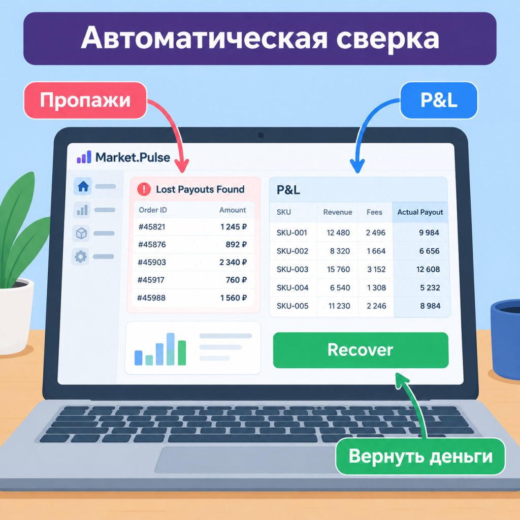 Автоматический поиск потерь в P&L Дашборд с выявленными пропавшими начислениями и реальной прибылью по каждому товару