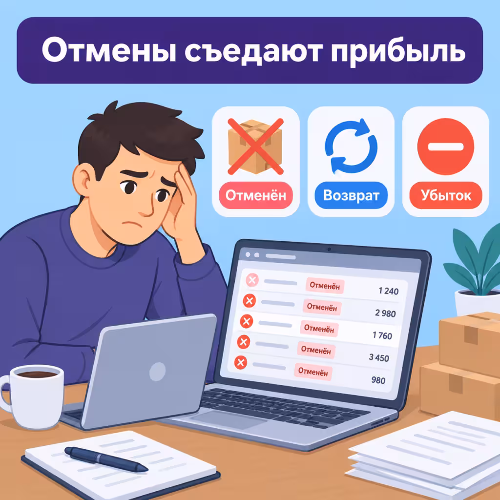 Продавец перед монитором с графиком отмен и красным крестом на заказе