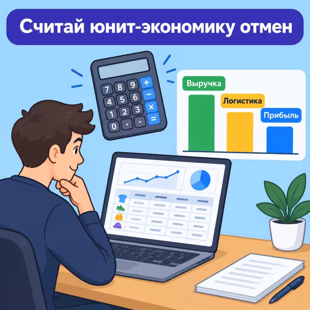 Ноутбук с таблицей P&L, крупный калькулятор и цветные столбцы выручки, логистики, прибыли