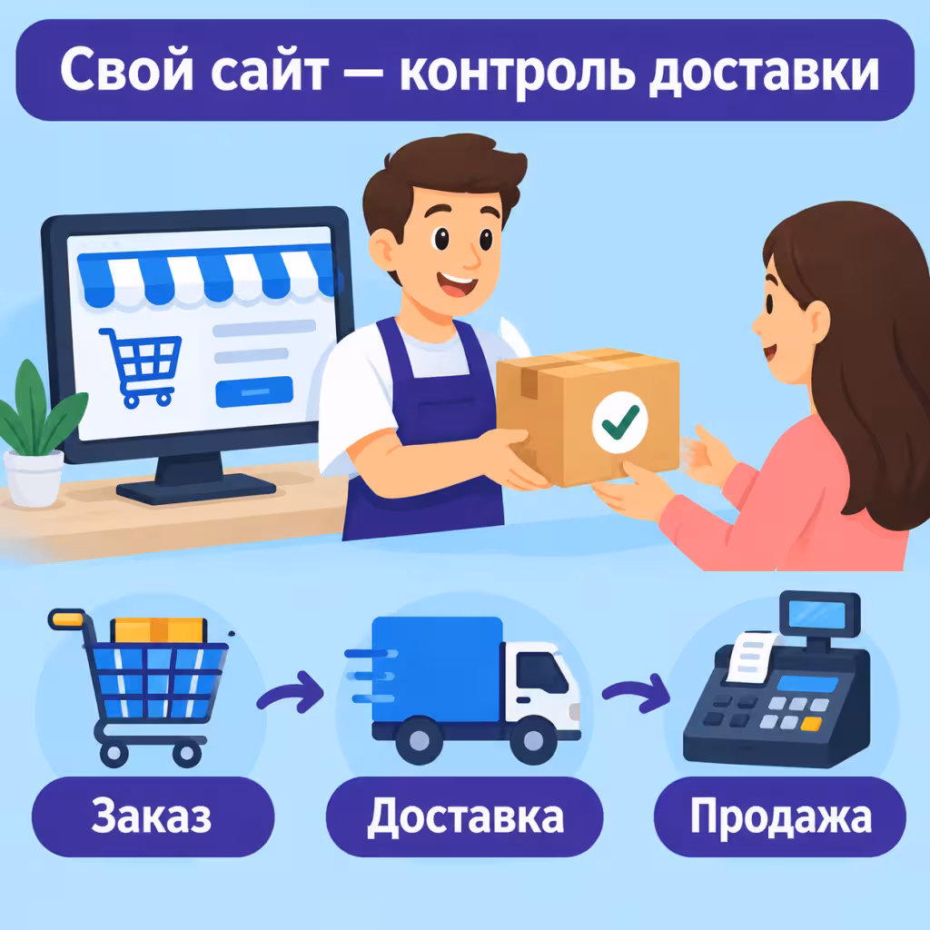 Продавец показывает покупателю коробку с галочкой, на заднем плане монитор с витриной сайта