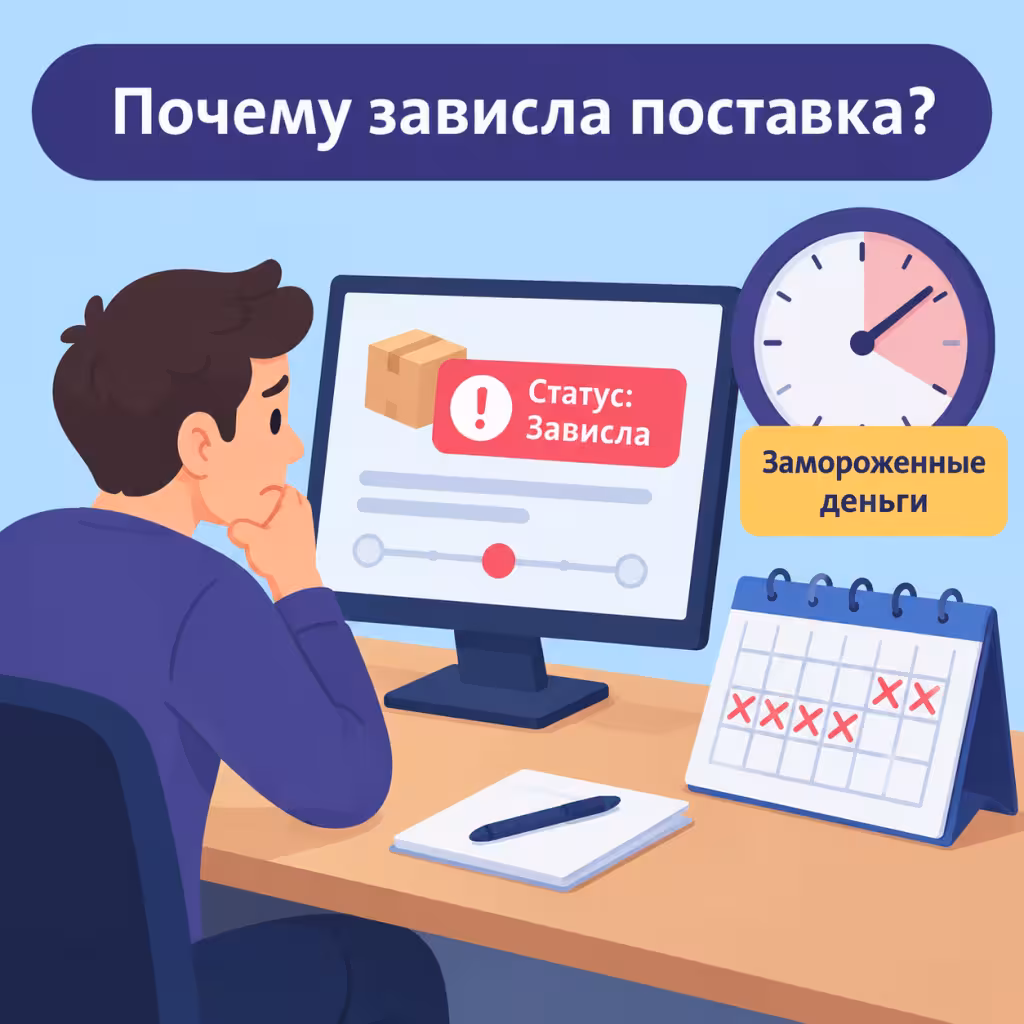 Поставка FBO зависла в статусе — продавец перед монитором.