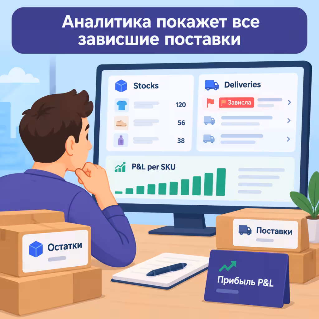 Дашборд аналитики с зависшими поставками и прибылью.