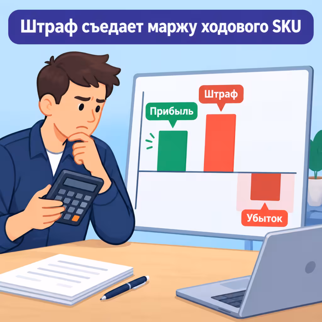График юнит-экономики SKU, где штраф за просрочку съедает прибыль