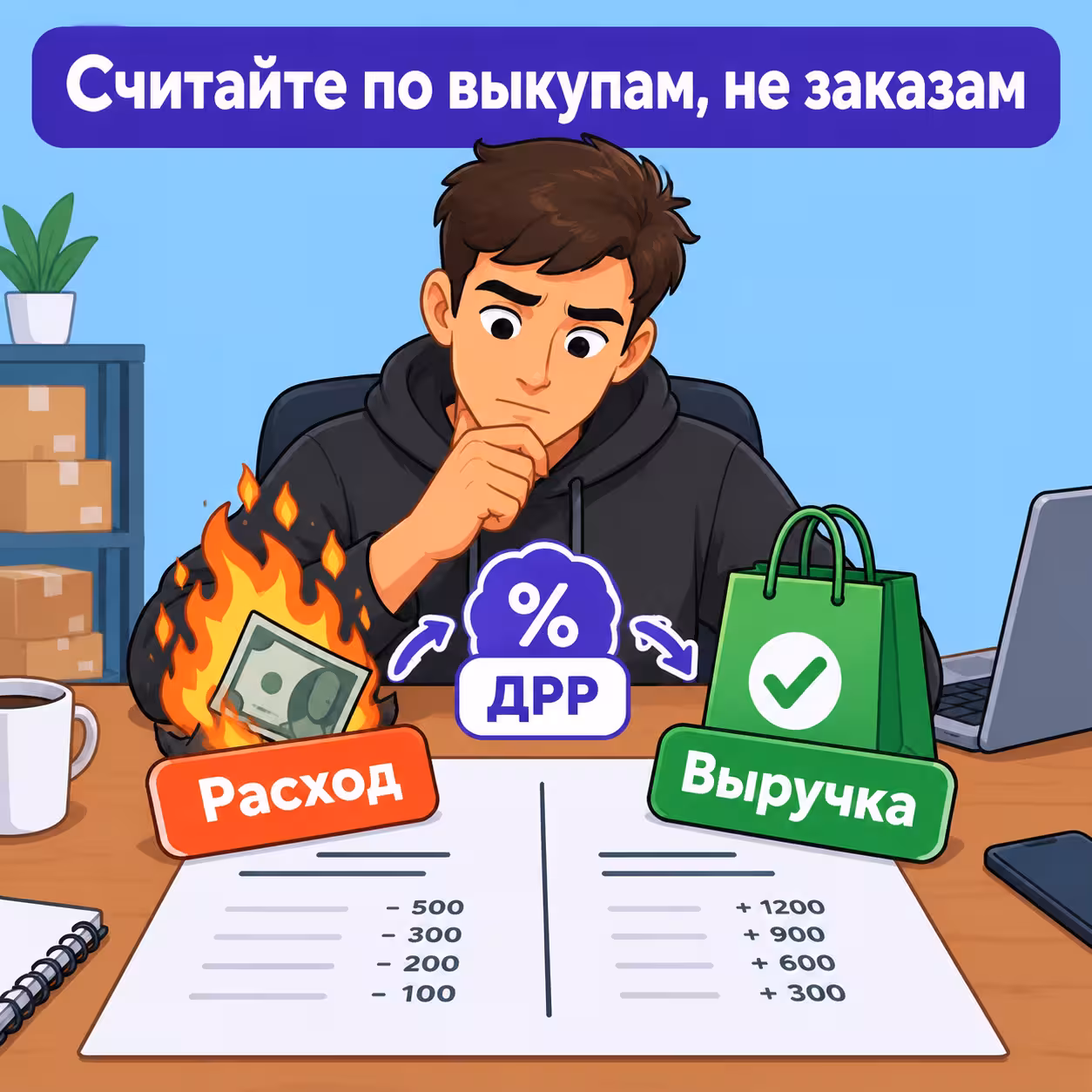 Сравнение расходов на рекламу и выручки с выкупленных товаров для расчёта ДРР