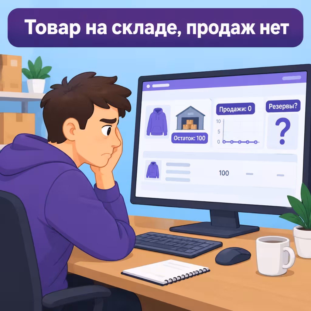 Селлер смотрит на монитор, на котором отображается склад с большим остатком, но график продаж пустой.