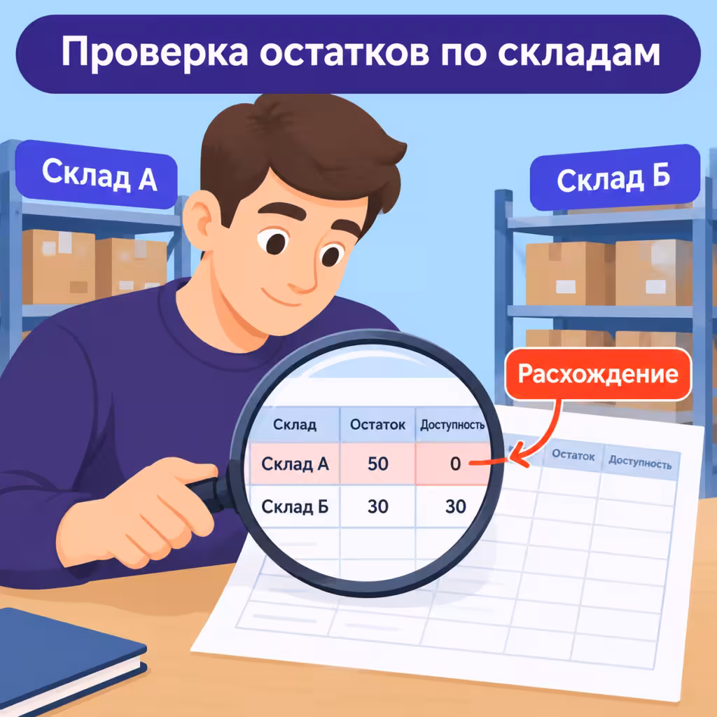 Селлер с лупой изучает таблицу с колонками: Склад, Остаток, Доступность, и выделяет несовпадение.
