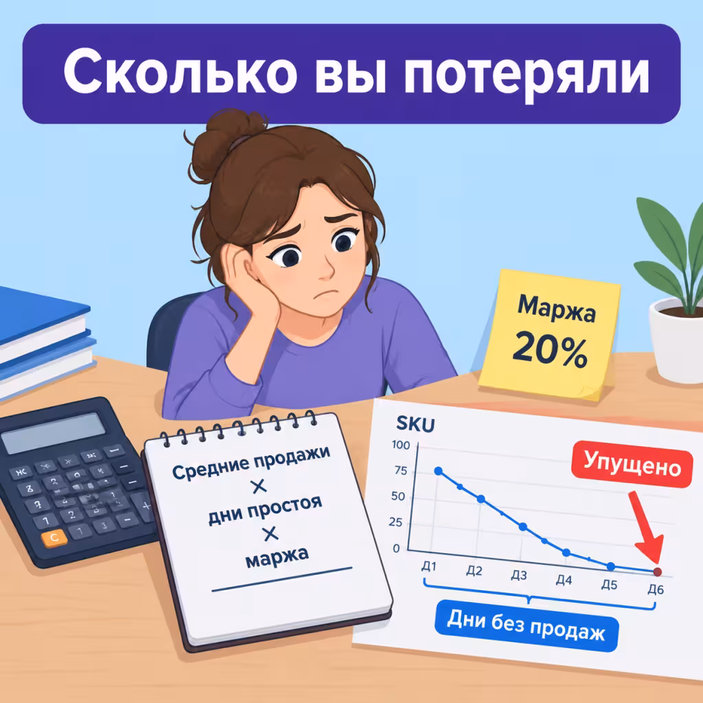 Рабочий стол с калькулятором и диаграммой, на которой падающая линия прибыли и красная стрелка с надписью «упущено».