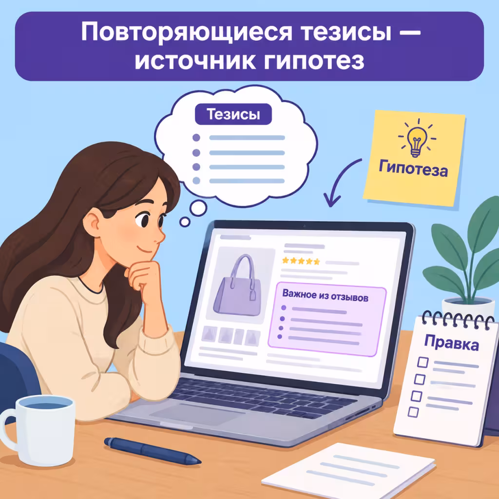 Селлер смотрит на блок «Важное из отзывов» в карточке Wildberries и записывает гипотезы для улучшения