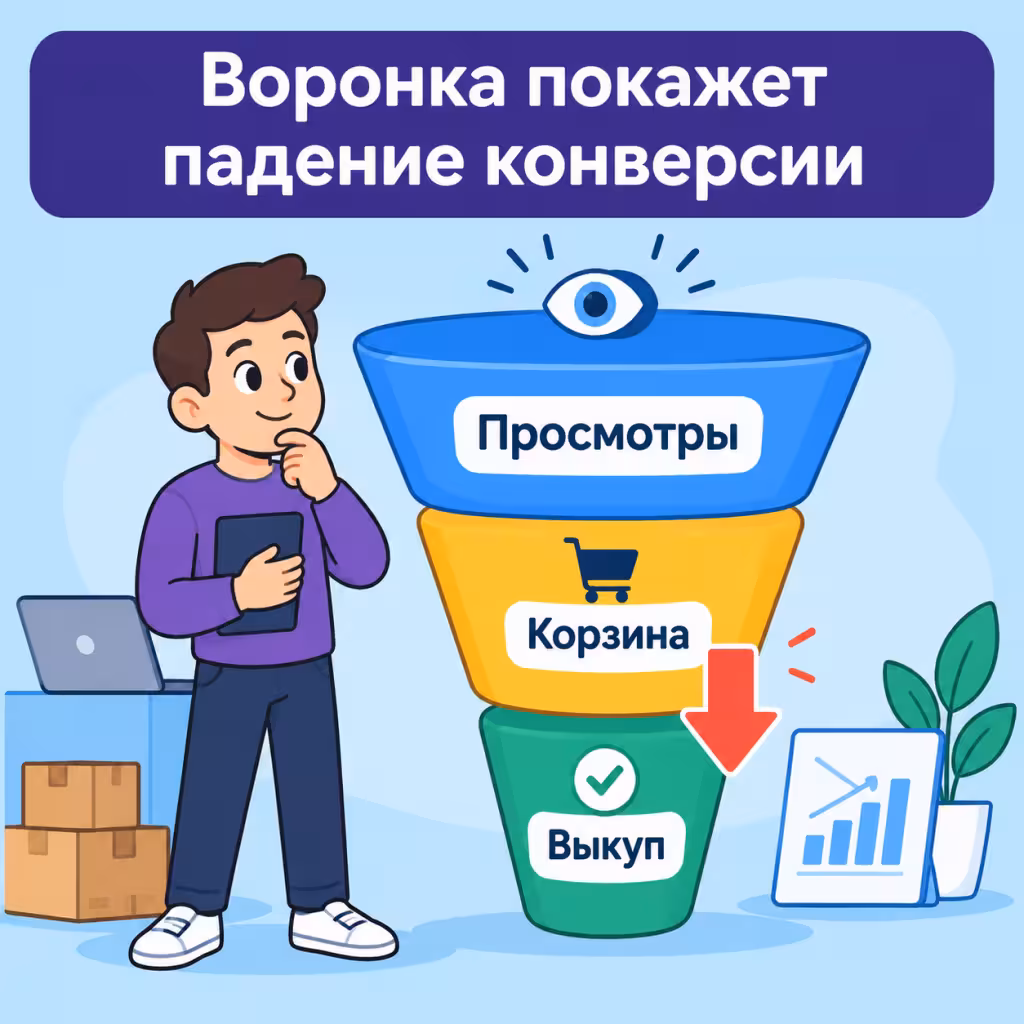 Воронка продаж с этапами: просмотры, добавление в корзину, заказ, выкуп; красная стрелка указывает на падение между корзиной и выкупом