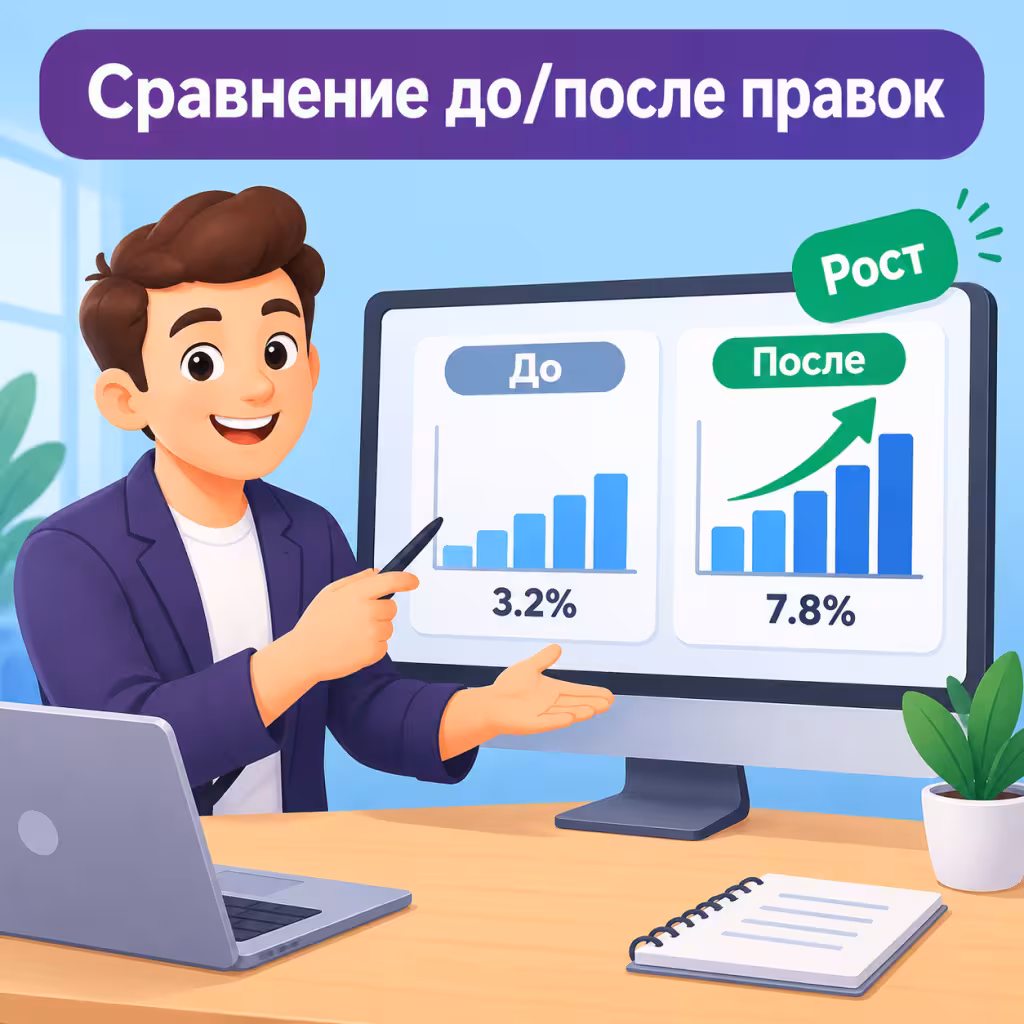 Два столбца на экране: слева низкая конверсия до изменений, справа высокая после, зелёная стрелка роста