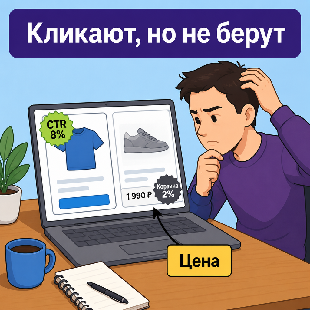 Сравнение двух карточек товаров на Wildberries: одна с хорошим CTR, другая с низкой конверсией в корзину