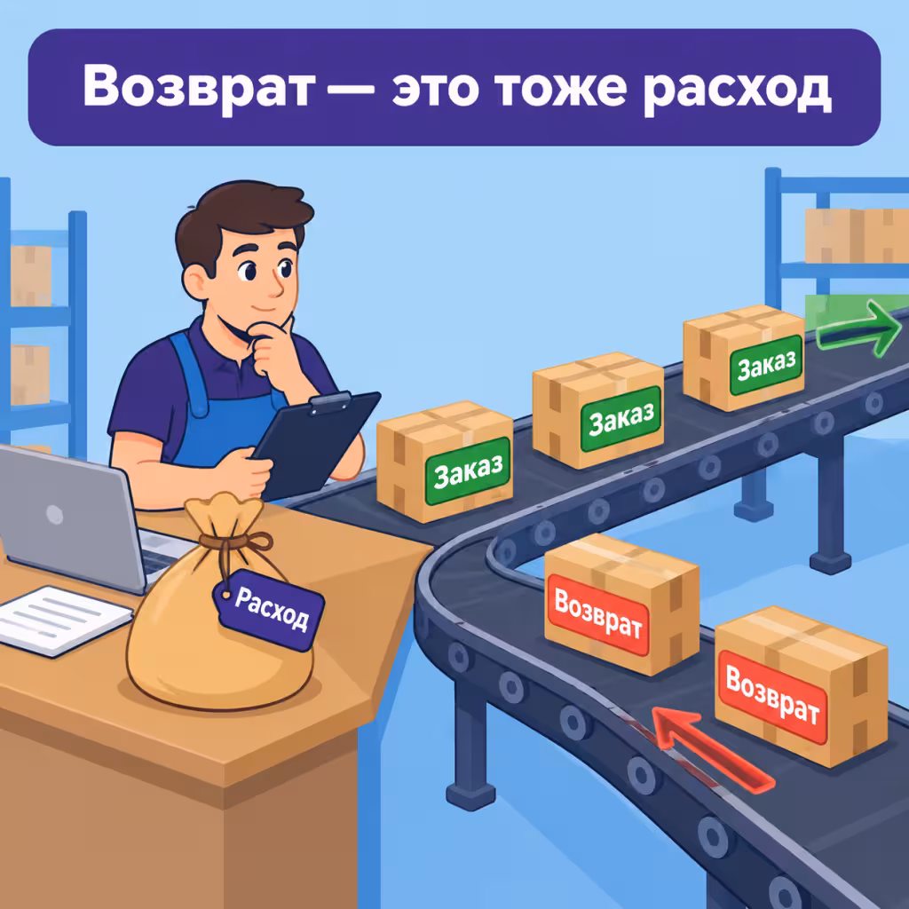 Селлер смотрит на поток заказов, часть из которых возвращается обратно на склад