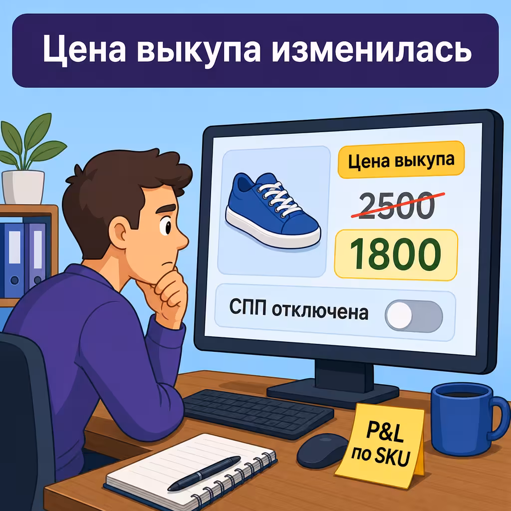 Когда Wildberries отключает СПП Селлер за столом, монитор с карточкой товара, переключатель СПП в положении выкл., стикер P&L по SKU