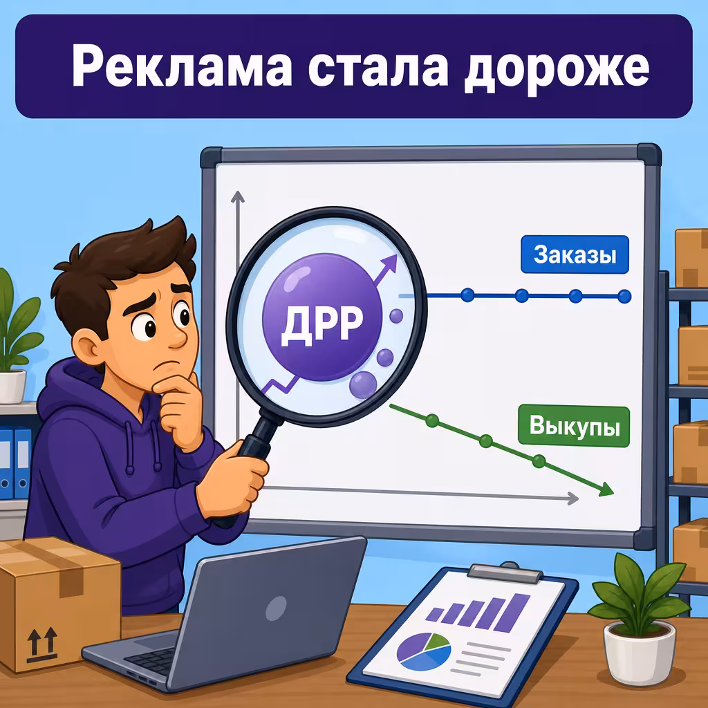 Реклама стала дороже после отключения СПП Селлер с увеличительным стеклом над графиком, линии заказов и выкупов, растущий показатель ДРР