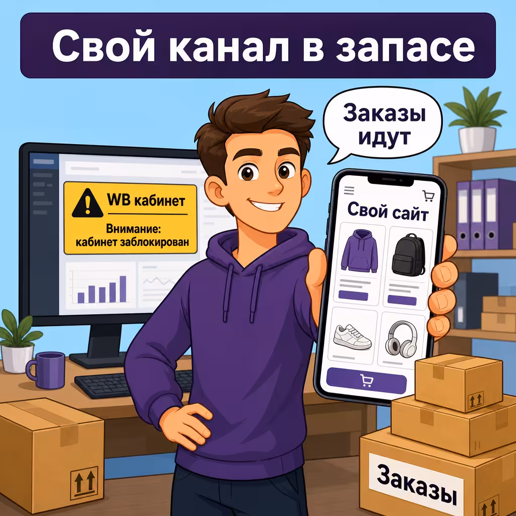Свой канал продаж — страховка от неожиданностей Селлер держит смартфон с витриной интернет-магазина, на мониторе — уведомление о блокировке кабинета WB