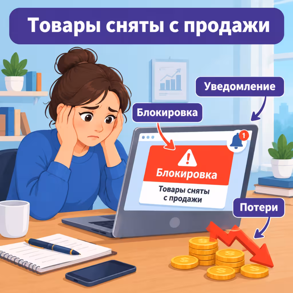 Селлер смотрит на экран с уведомлением о блокировке товаров на WB