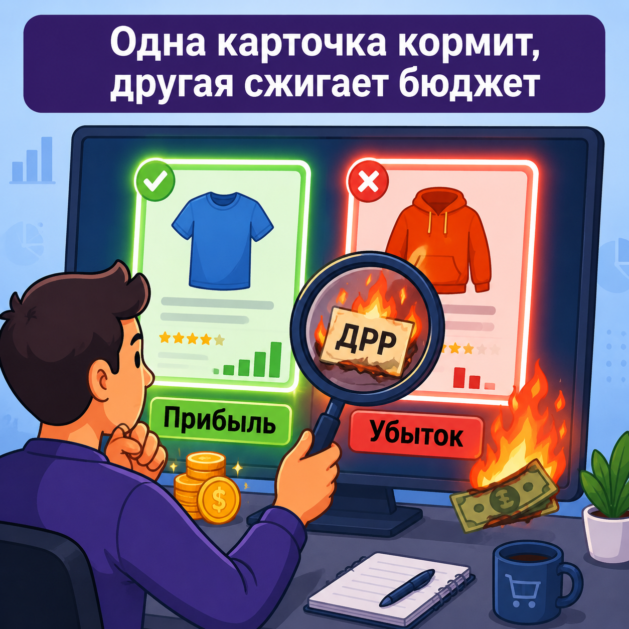 Таблица юнит-экономики с прибыльными и убыточными товарами на Wildberries